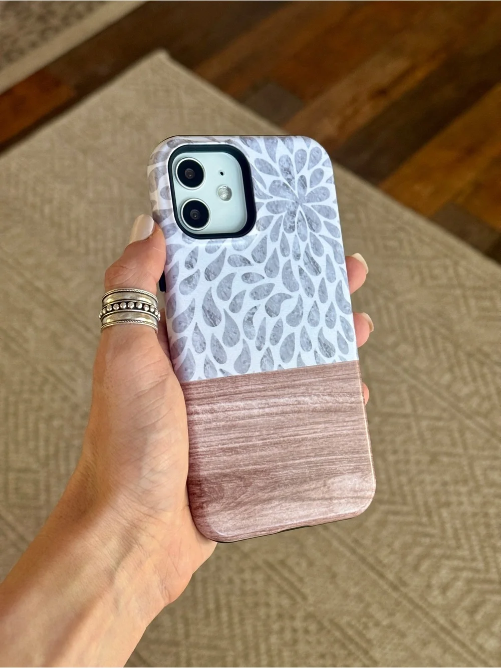 Gray Droplet & Wood-Accent Print MagSafe Phone Case for iPhone 12 or 12 Pro